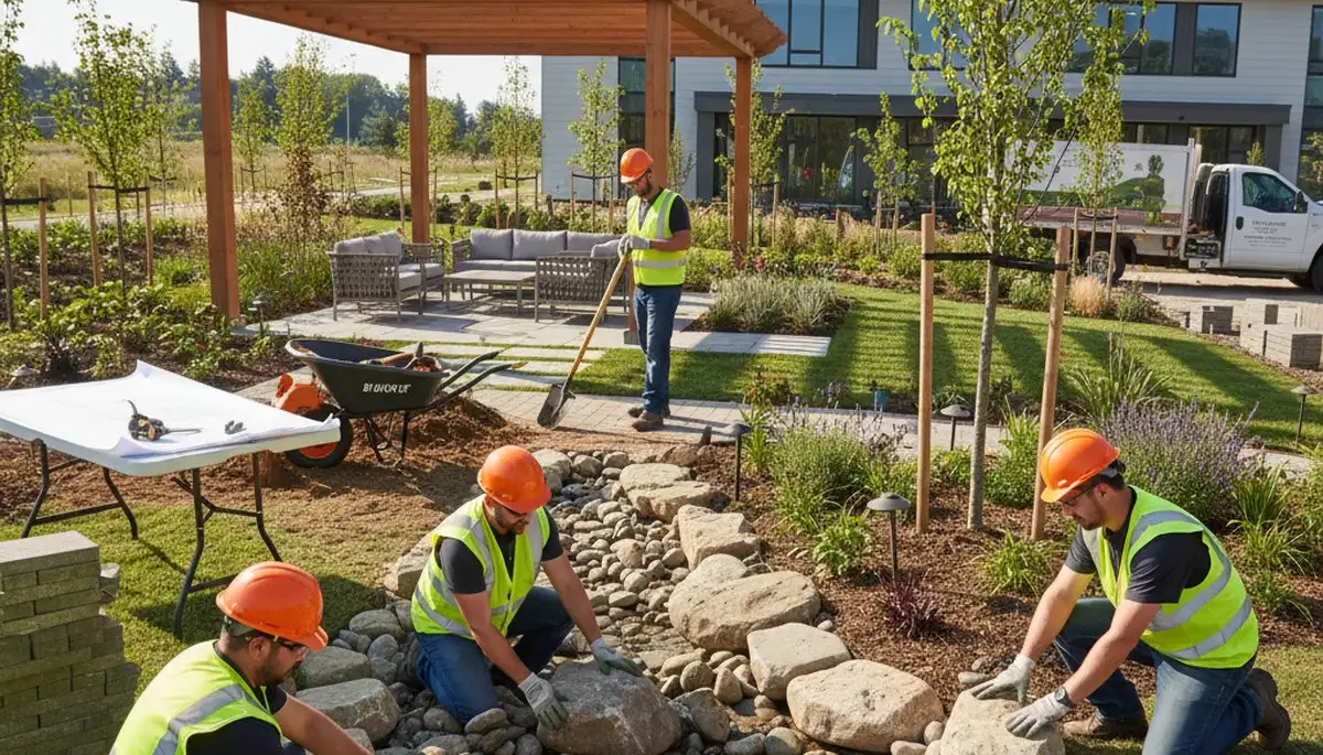 Tacoma, WA tree service team planning weather-ready landscape design for sloped yards and tree care