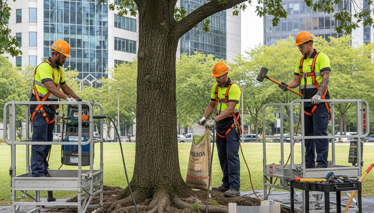 Tacoma, WA tree service crew providing root protection for healthy, stable trees