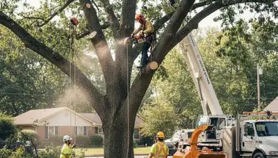 Tacoma, WA tree removal crew safely clearing a hazardous tree on a residential property