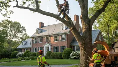 Tree service crew in Tacoma, WA trimming and removing trees for a local property